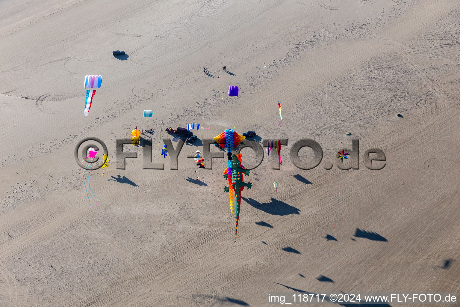 Coulourful Kites over the Beach along the West coast of Northsea island in Fanoe in, Denmark