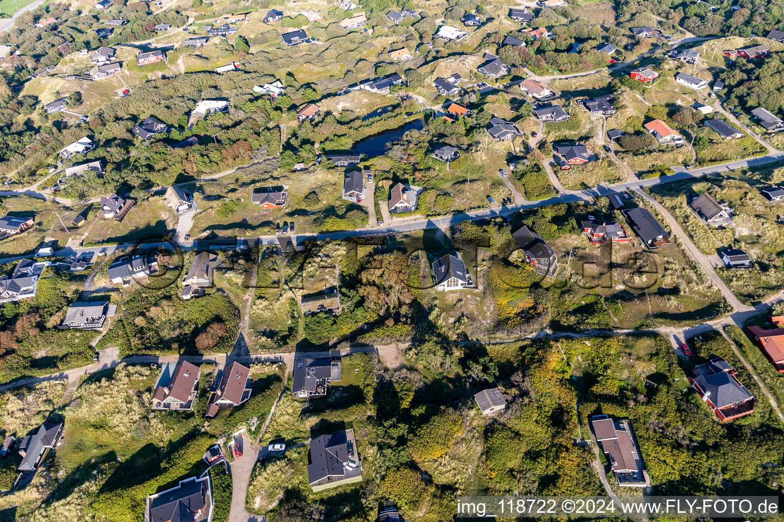 Aerial view of Cozy holiday homes in Rindby Strand in Fanø in the state South Denmark, Denmark