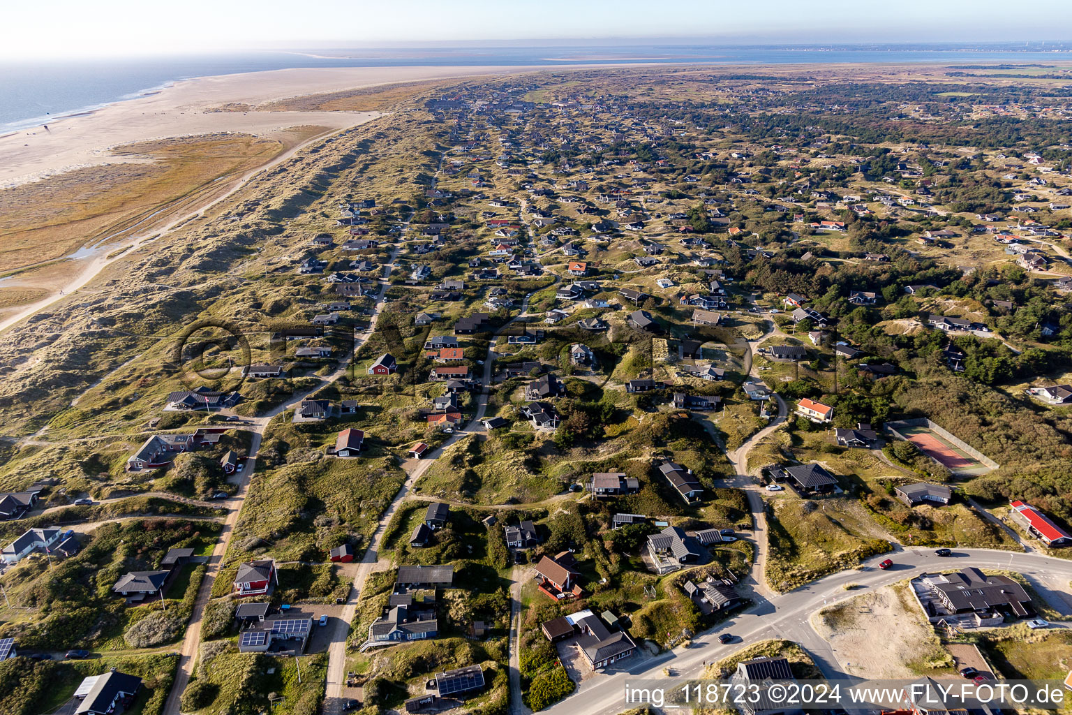 Aerial photograpy of Cozy holiday homes in Rindby Strand in Fanø in the state South Denmark, Denmark