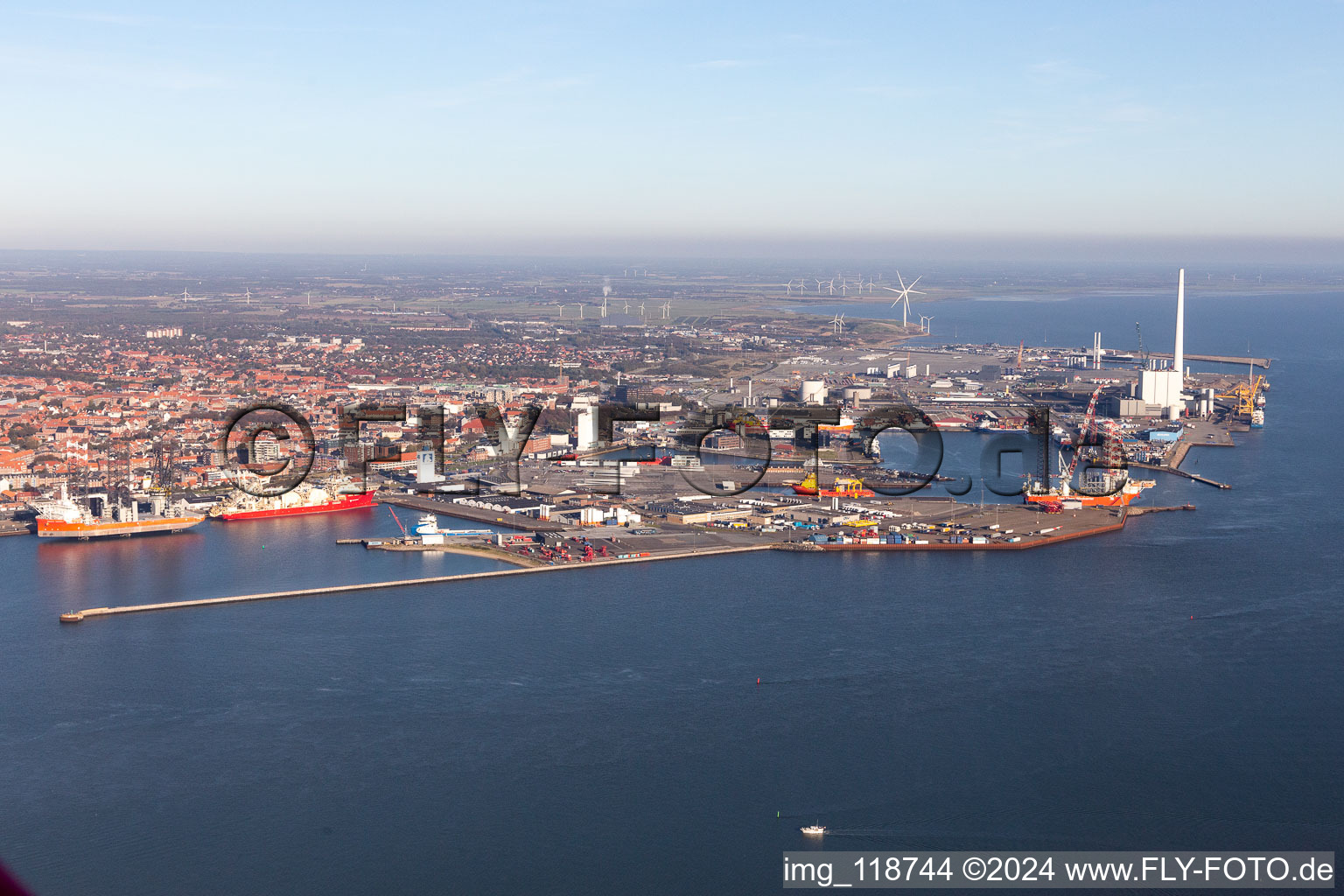 Aerial view of Harbor in Esbjerg in the state South Denmark, Denmark