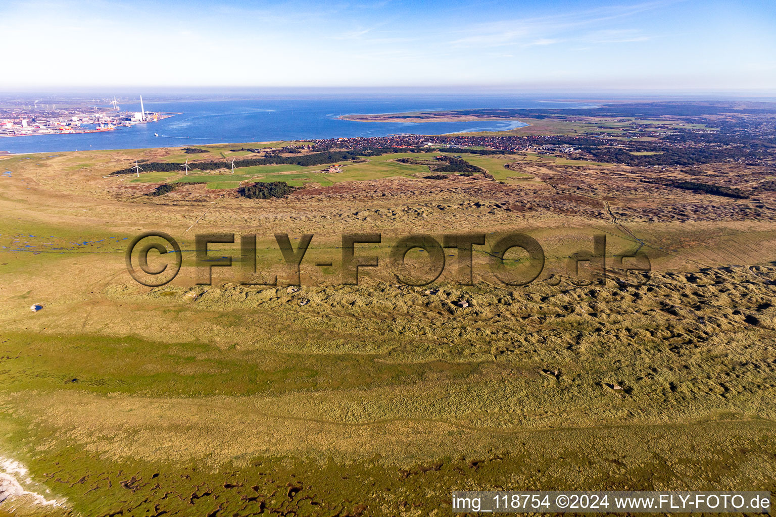 Oblique view of Wadden Sea National Park in Fanø in the state South Denmark, Denmark