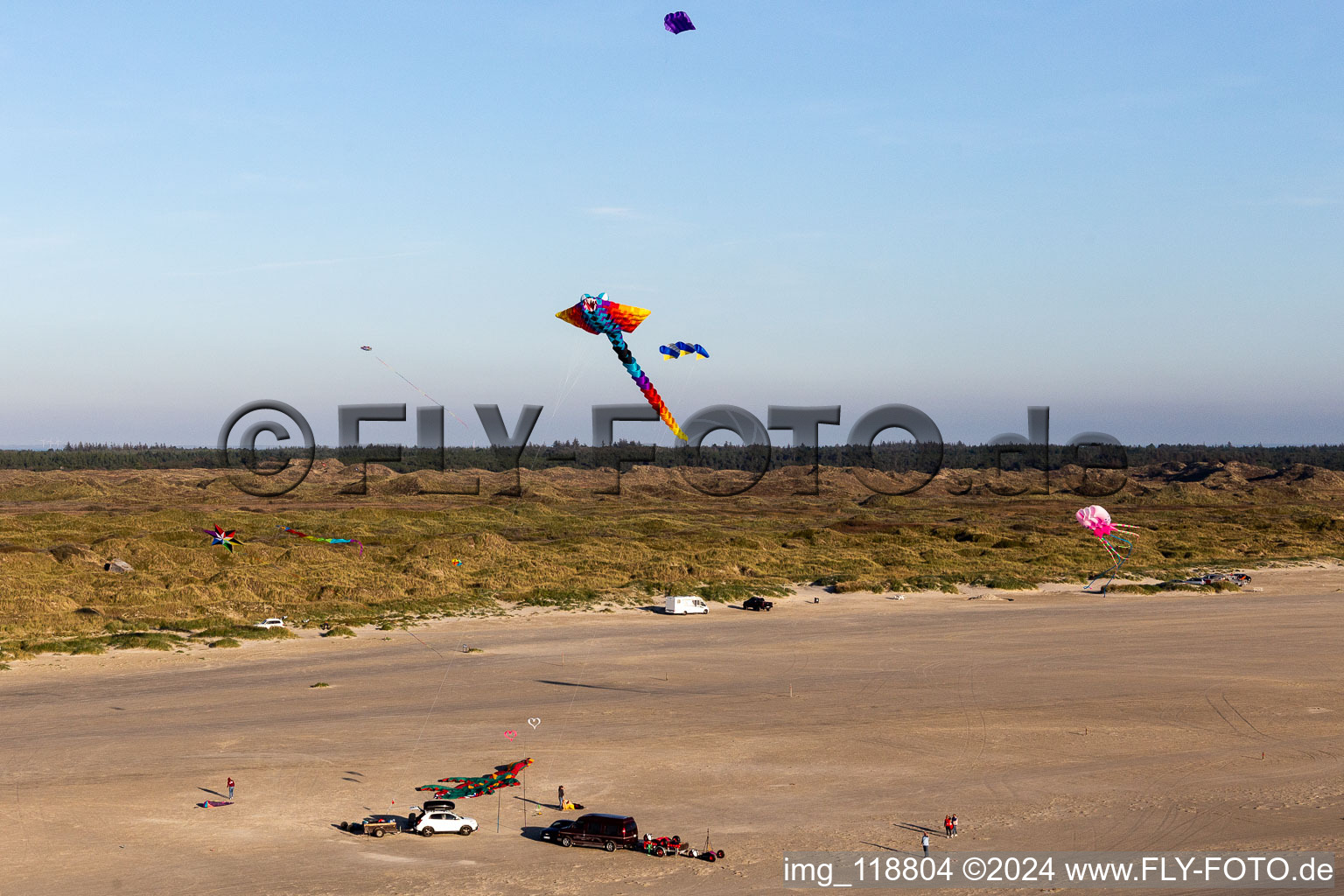 Aerial photograpy of Kites on the beach in Fanø in the state South Denmark, Denmark