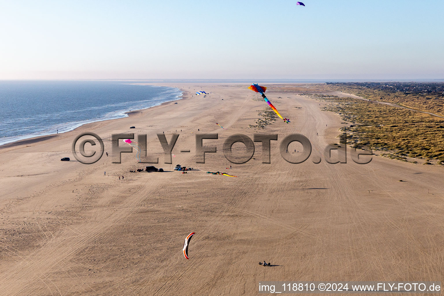 Aerial photograpy of Coulourful Kites over the Beach along the West coast of Northsea island in Fanoe in, Denmark