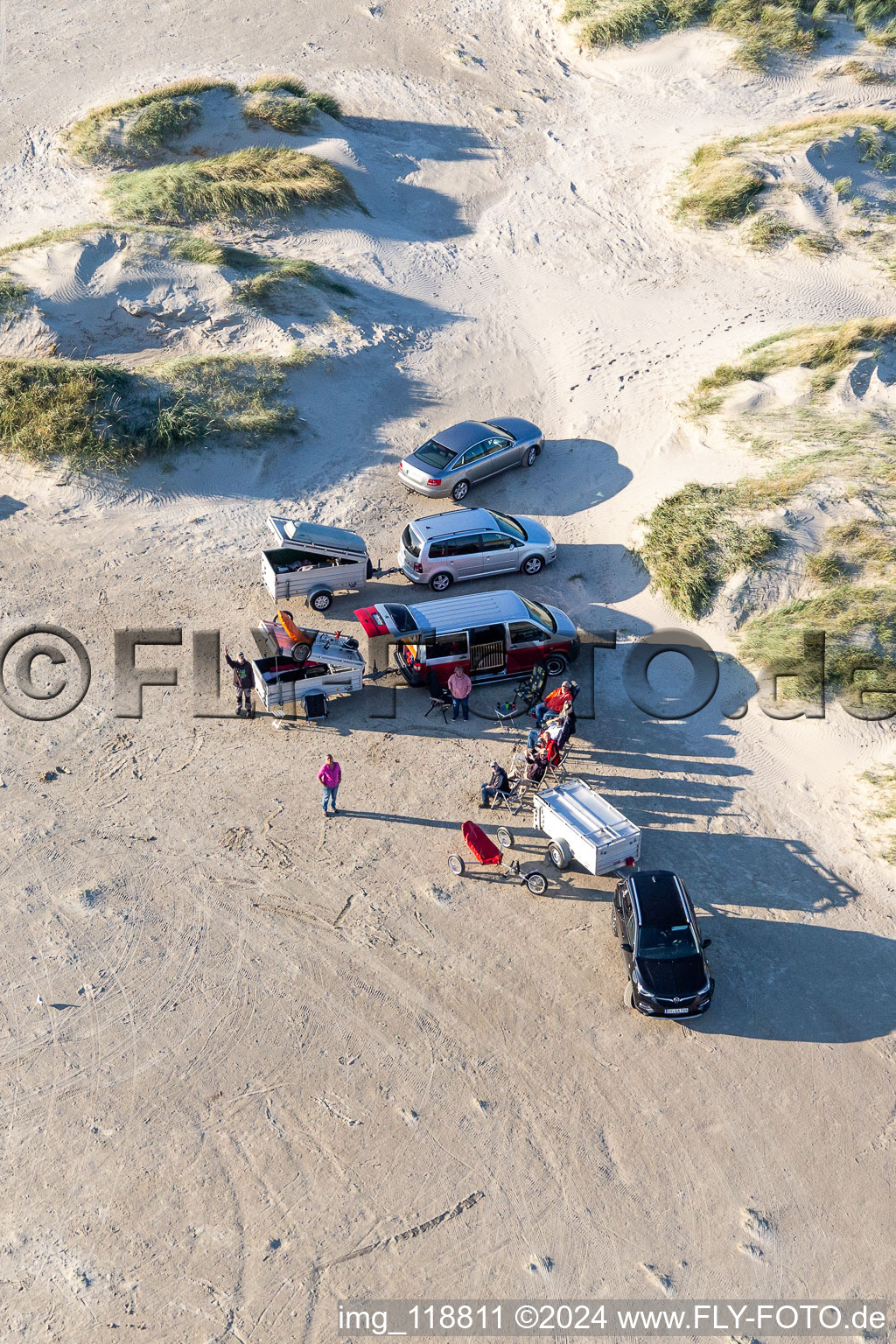 Kites on the beach in Fanø in the state South Denmark, Denmark from above