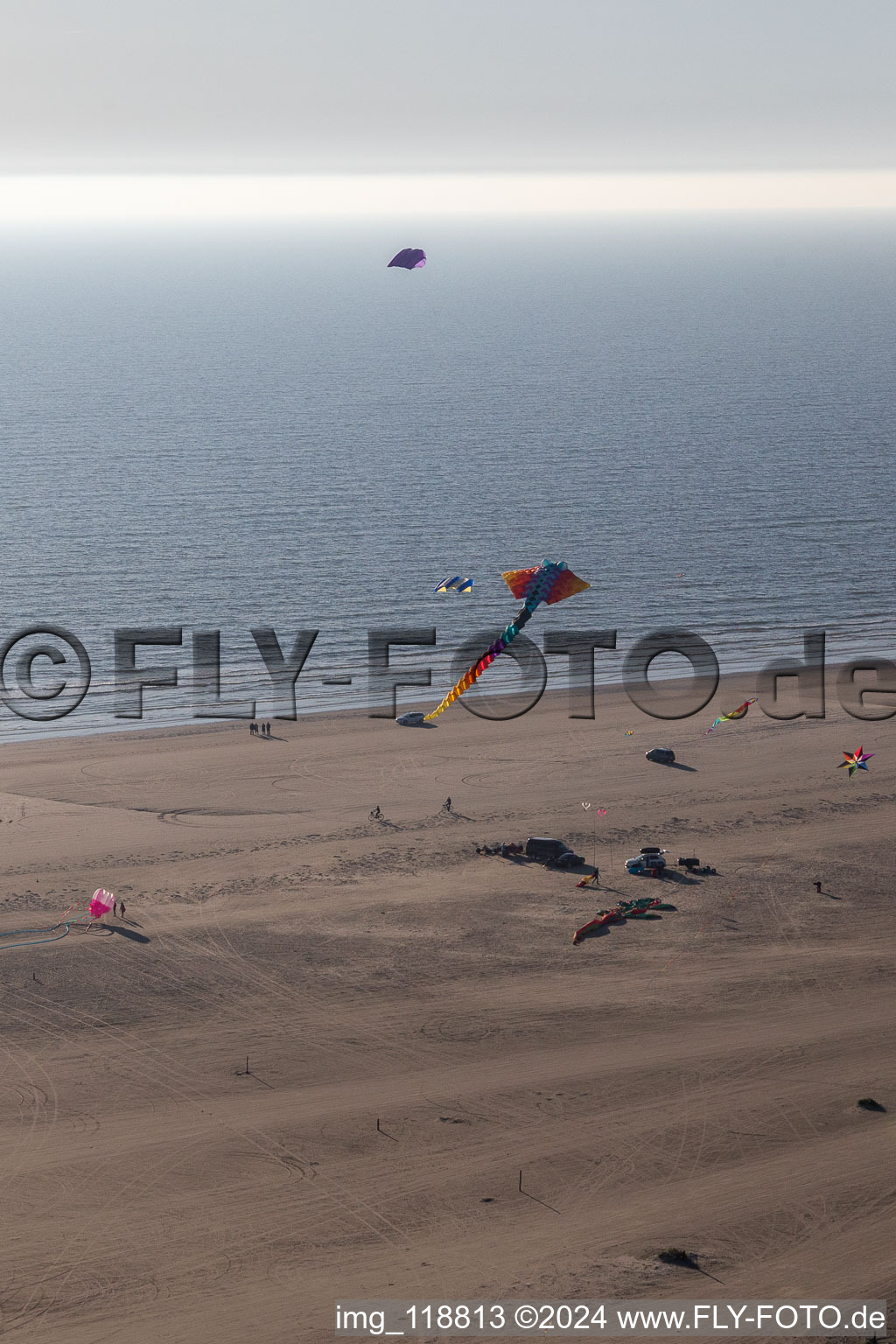 Kites on the beach in Fanø in the state South Denmark, Denmark out of the air