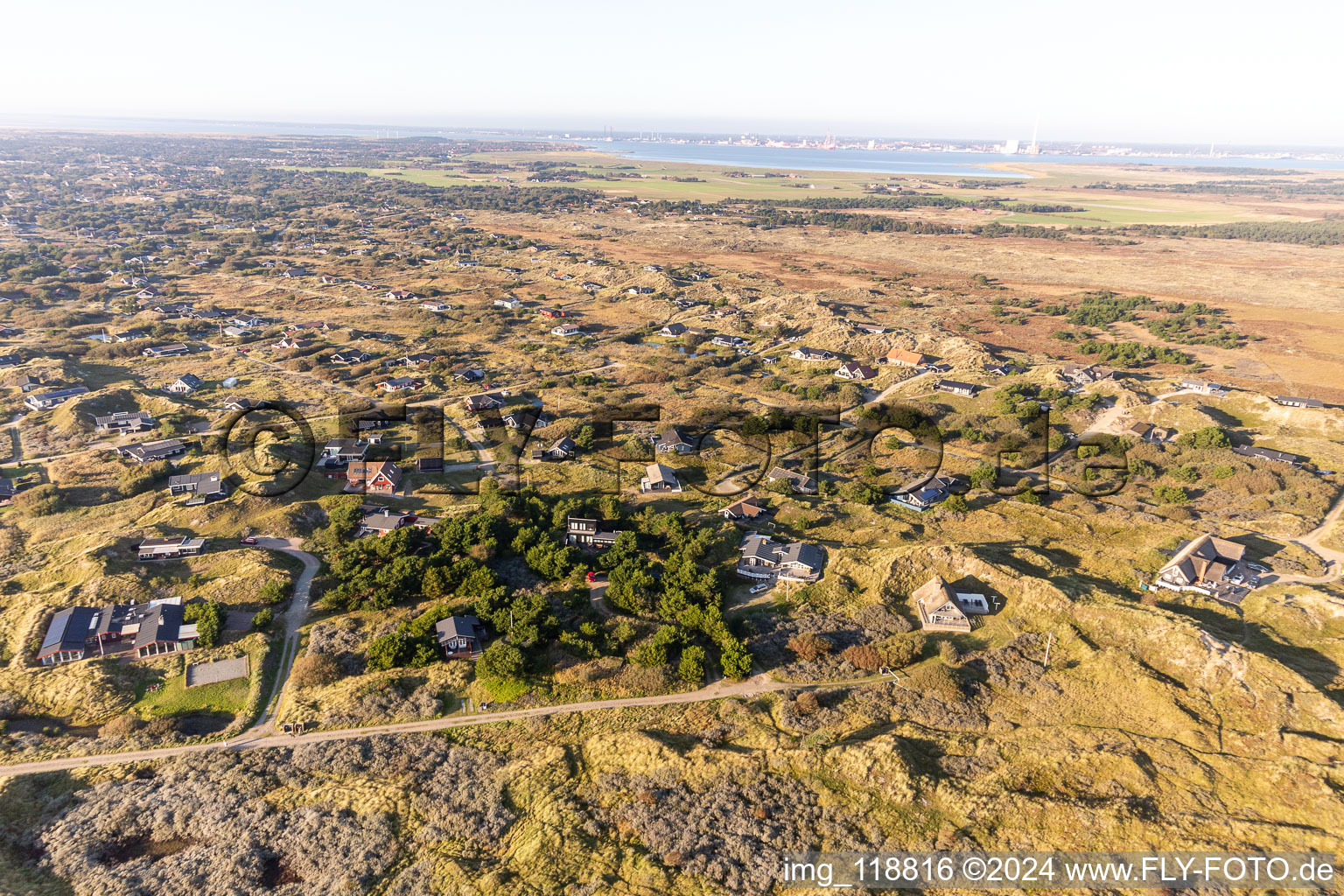 Aerial view of Hyggeligge holiday homes in the dunes in Fanø in the state South Denmark, Denmark