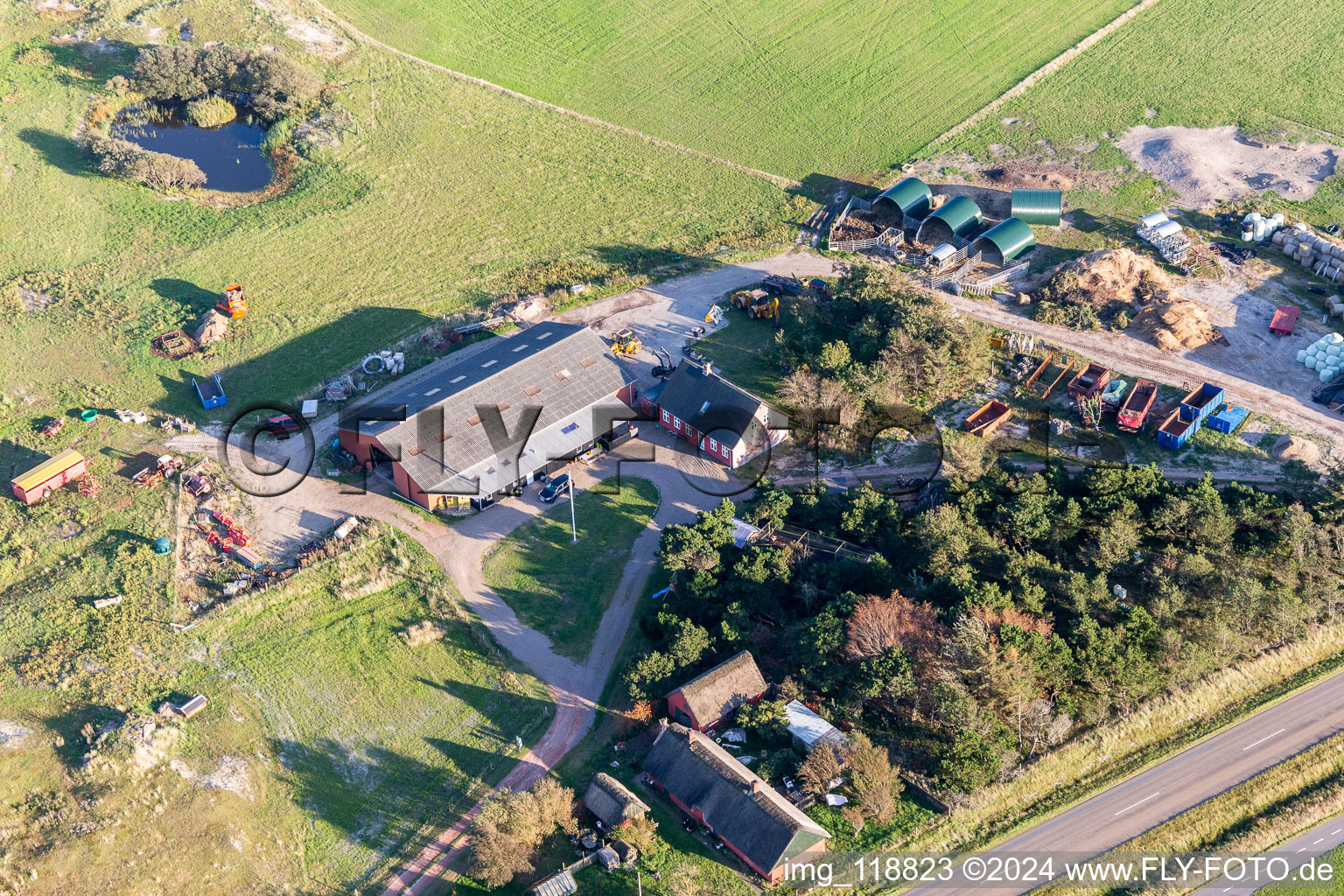 Aerial photograpy of Farm shop / Gardbutik Byens Grønning in Fanø in the state South Denmark, Denmark