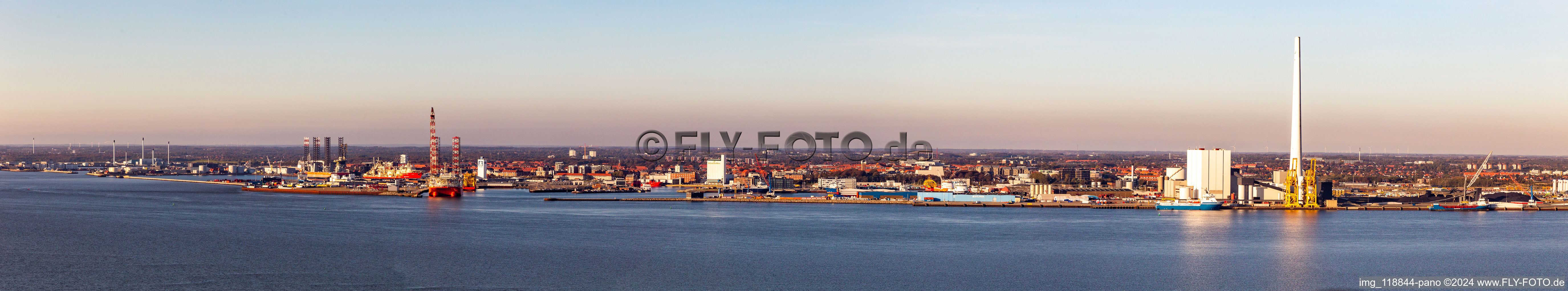 Panoramic perspective port facilities on the seashore of the North Sea in Esbjerg in Syddanmark, Denmark