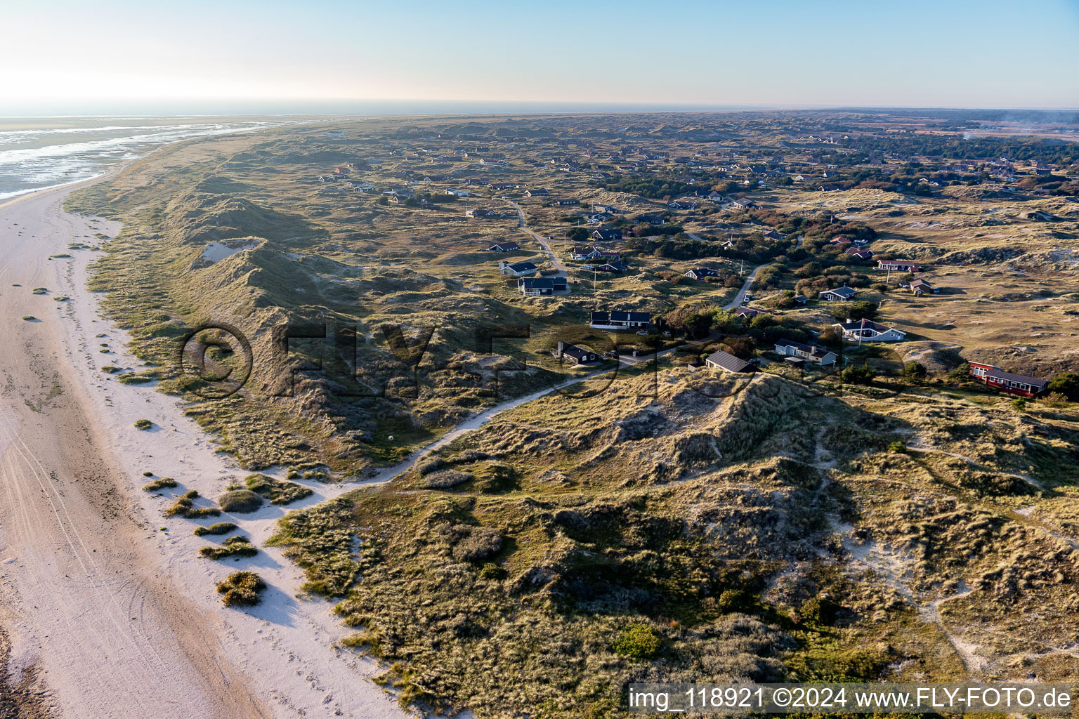 Aerial photograpy of Hyggeligge holiday homes in the dunes in Fanø in the state South Denmark, Denmark