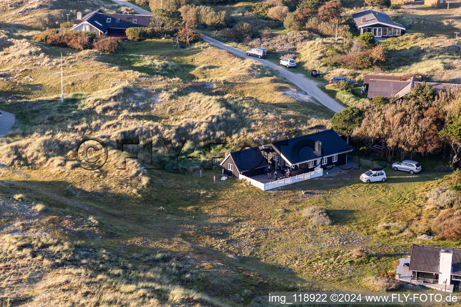 Oblique view of Hyggeligge holiday homes in the dunes in Fanø in the state South Denmark, Denmark