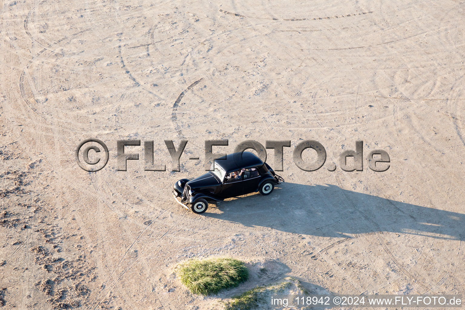 Aerial view of Citroen vintage car on the beach in Fanø in the state South Denmark, Denmark