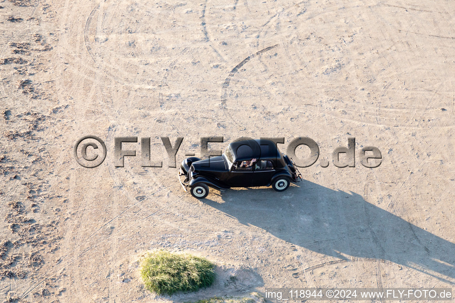 Aerial photograpy of Citroen vintage car on the beach in Fanø in the state South Denmark, Denmark