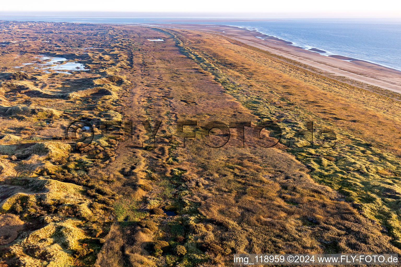 Oblique view of Wadden Sea National Park in Fanø in the state South Denmark, Denmark