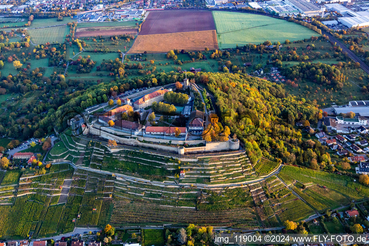 Aerial view of Former fortress todays prison hospital Hohenasperg in Asperg in the state Baden-Wurttemberg, Germany