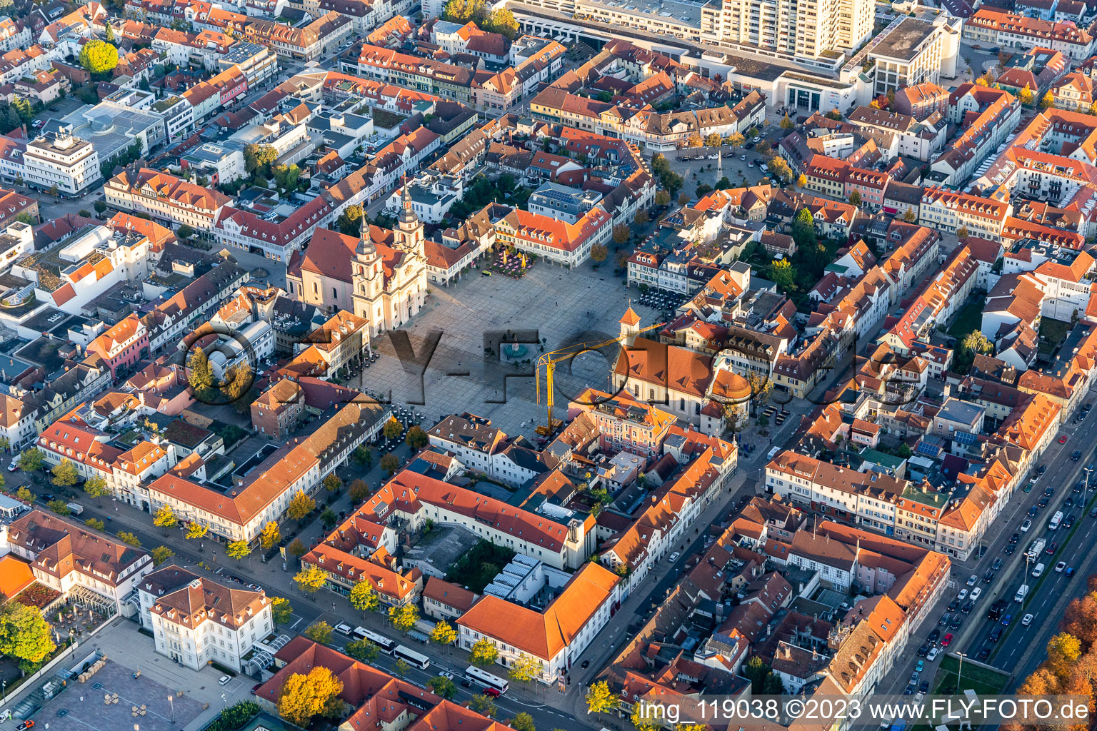 Aerial view of Church of the holy trinity at the market downtown in Ludwigsburg in the state Baden-Wurttemberg, Germany