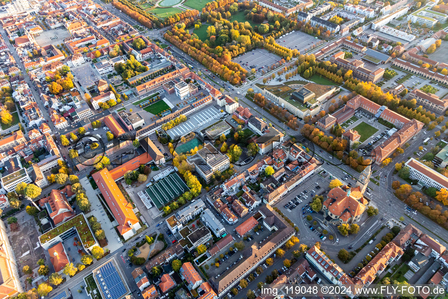 Aerial view of Church building Frieden church on Karlsplatz in Ludwigsburg in the state Baden-Wurttemberg, Germany