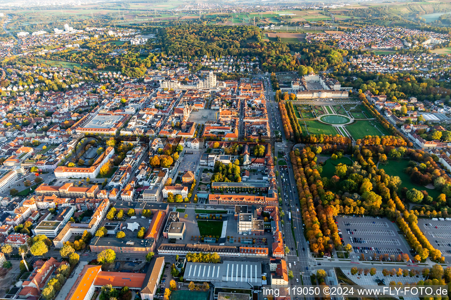 City view on down town Stuttgarter / Schorndorfer Strasse and Schlosspark in Ludwigsburg in the state Baden-Wurttemberg, Germany