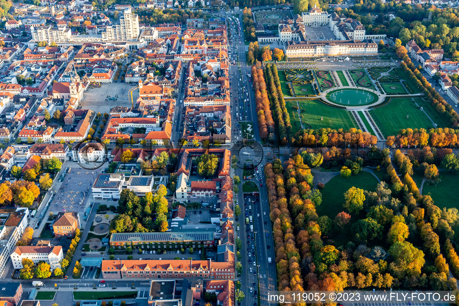 Aerial view of City view on down town Stuttgarter / Schorndorfer Strasse and Schlosspark in Ludwigsburg in the state Baden-Wurttemberg, Germany