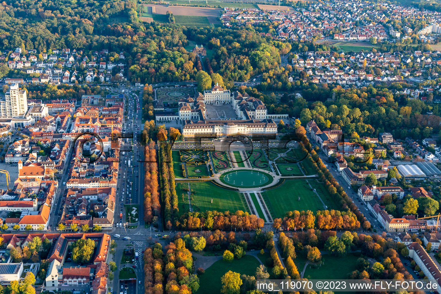 Aerial view of Building complex in the park of the castle Residenzschloss Ludwigsburg and Gartenschau Bluehendes Barock in Ludwigsburg in the state Baden-Wurttemberg, Germany