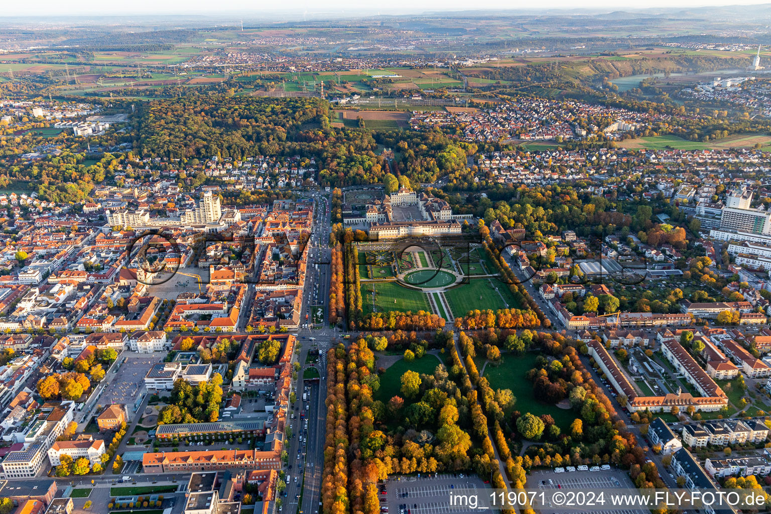 Town and the barock park of the castle Residenzschloss Ludwigsburg in Ludwigsburg in the state Baden-Wurttemberg, Germany