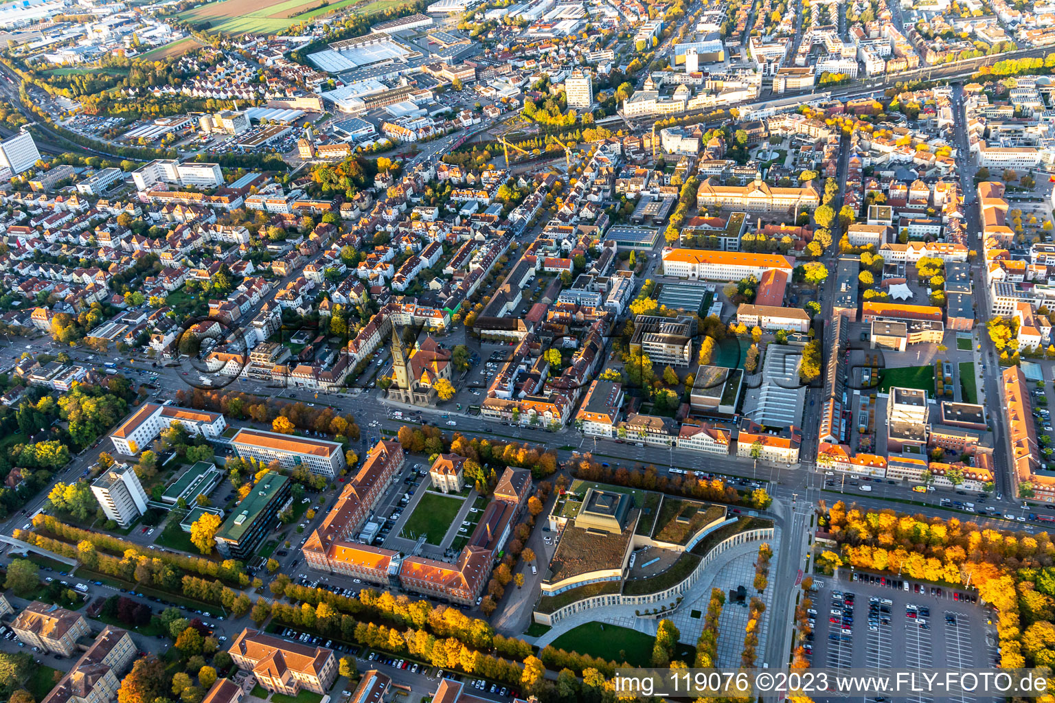 Aerial view of Building of the indoor arena Forum on Schlosspark in Ludwigsburg in the state Baden-Wurttemberg, Germany