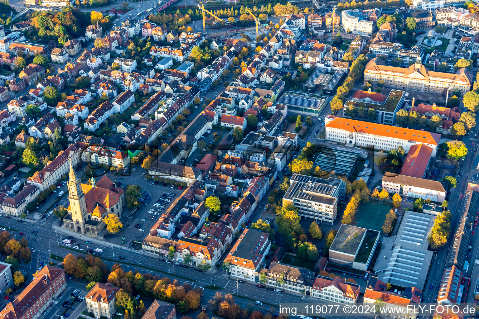 Aerial photograpy of Church building Frieden church on Karlsplatz in Ludwigsburg in the state Baden-Wurttemberg, Germany