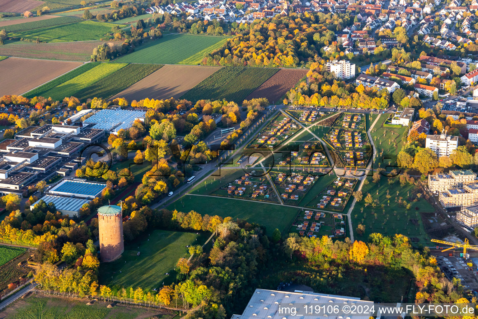 Aerial view of Water tower, Roman hill, school center in the district Pflugfelden in Ludwigsburg in the state Baden-Wuerttemberg, Germany