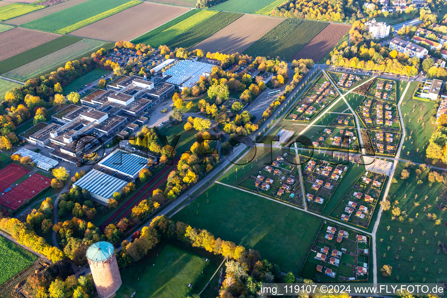 Aerial photograpy of Water tower, Roman hill, school center in the district Pflugfelden in Ludwigsburg in the state Baden-Wuerttemberg, Germany