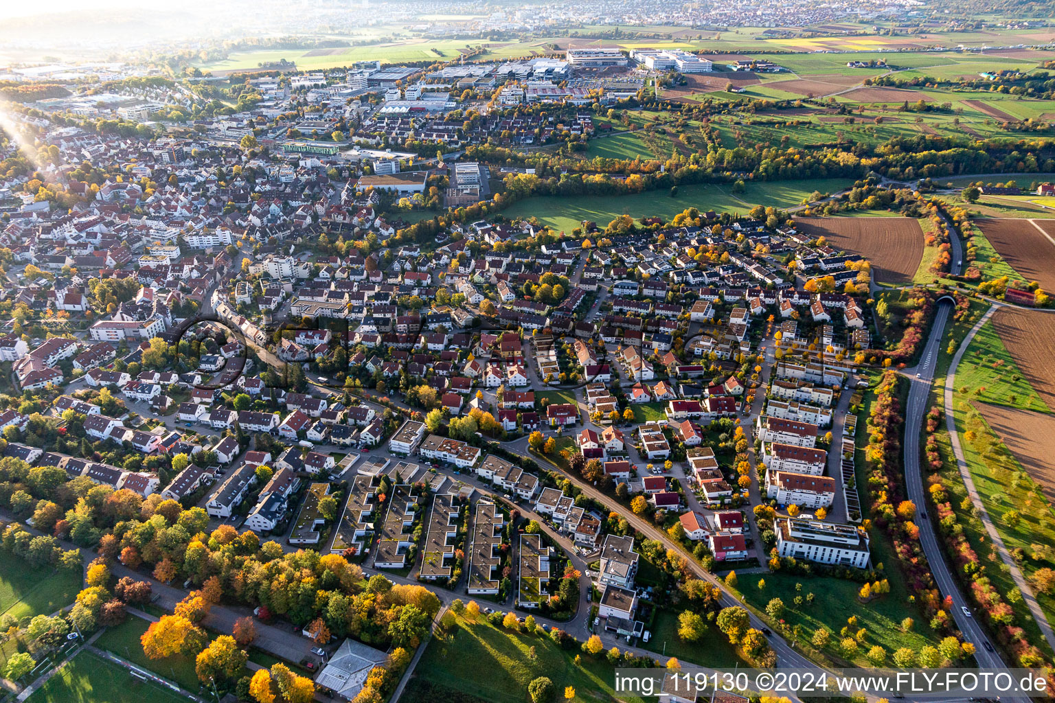 Town View of the streets and houses of the residential areas in Ditzingen in the state Baden-Wurttemberg, Germany