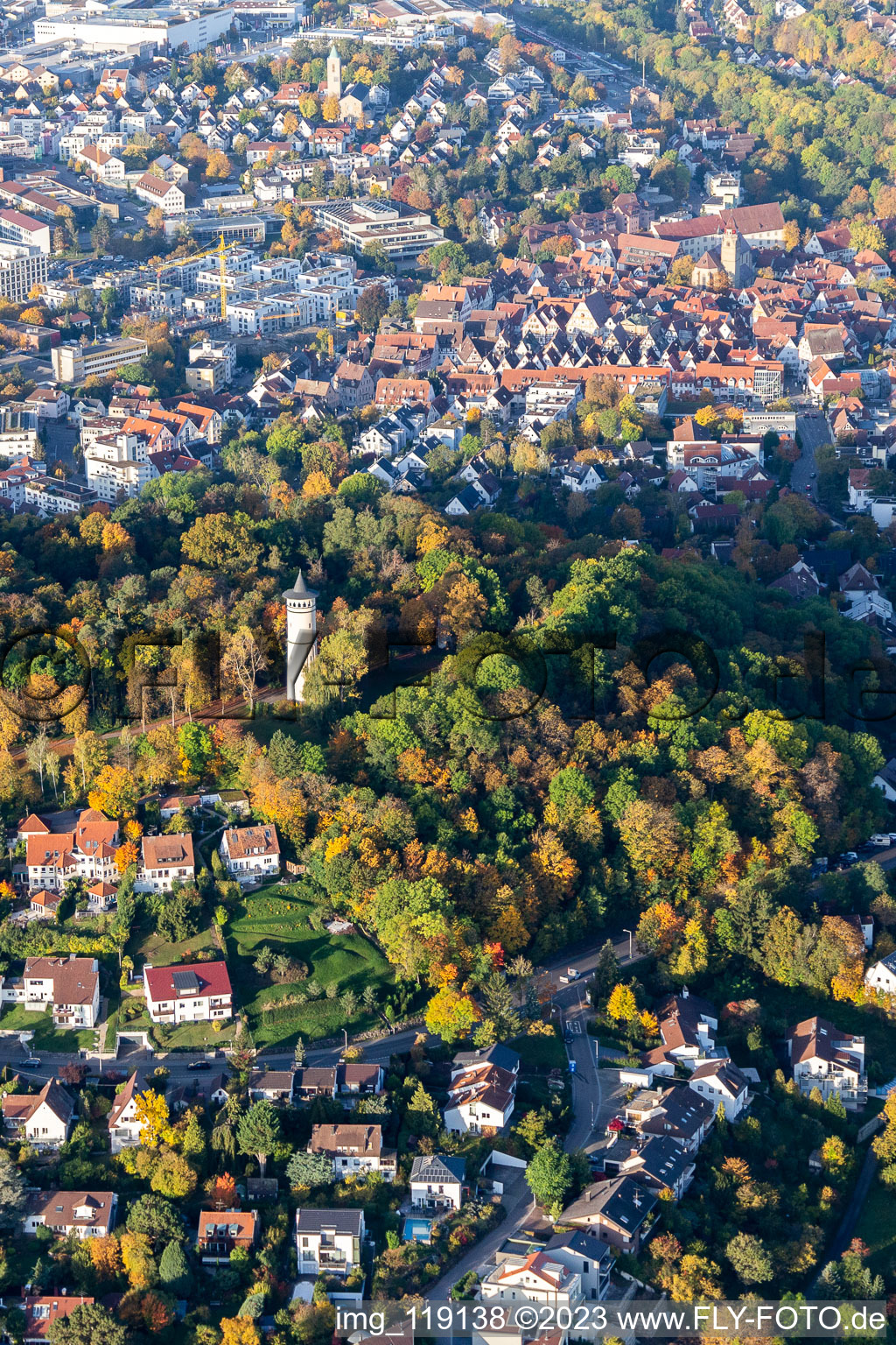 Aerial view of Engelberg tower, Engelberg meadow in Leonberg in the state Baden-Wuerttemberg, Germany