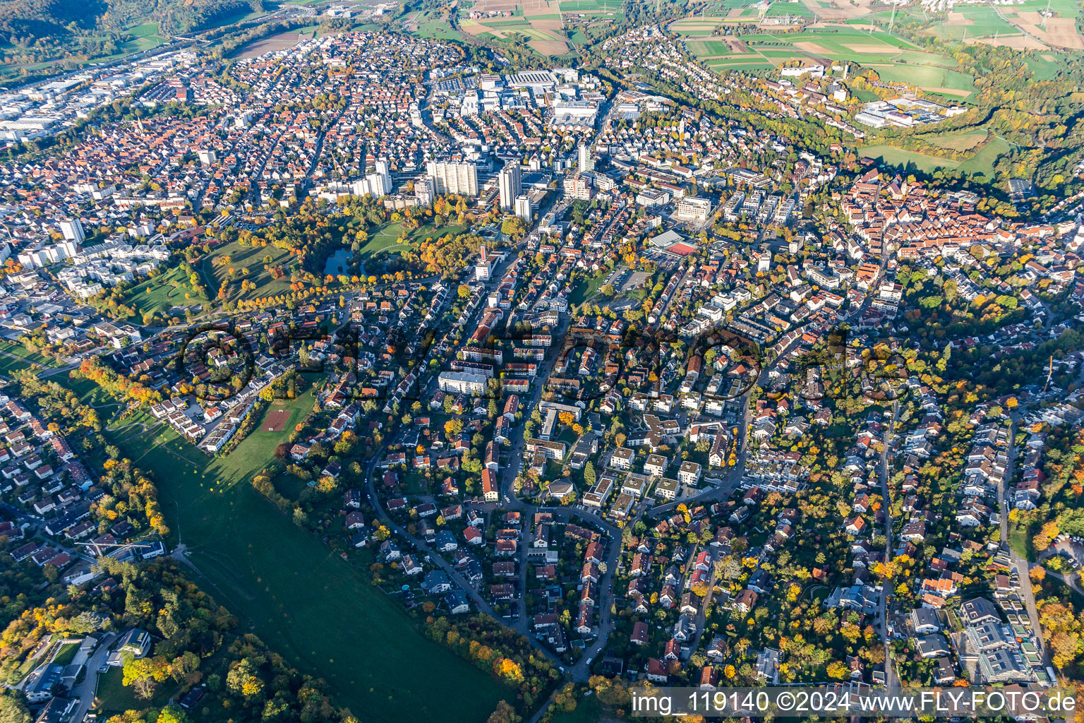 City view of the downtown area on the shore areas of Parksee in Leonberg in the state Baden-Wurttemberg, Germany