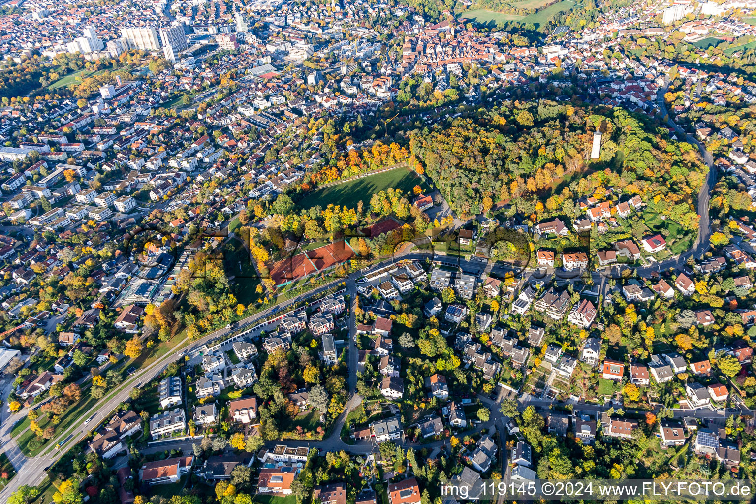 Aerial view of Ensemble of sports grounds on the Engelberg meadows with Tenniscourt of SV Leonberg / Eltingen in Leonberg in the state Baden-Wurttemberg, Germany