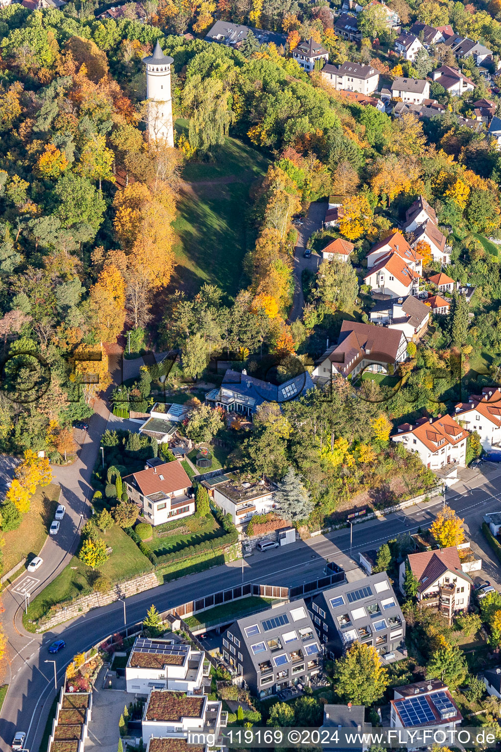 Aerial view of Structure of the observation tower Engelbergturm in Leonberg in the state Baden-Wurttemberg, Germany