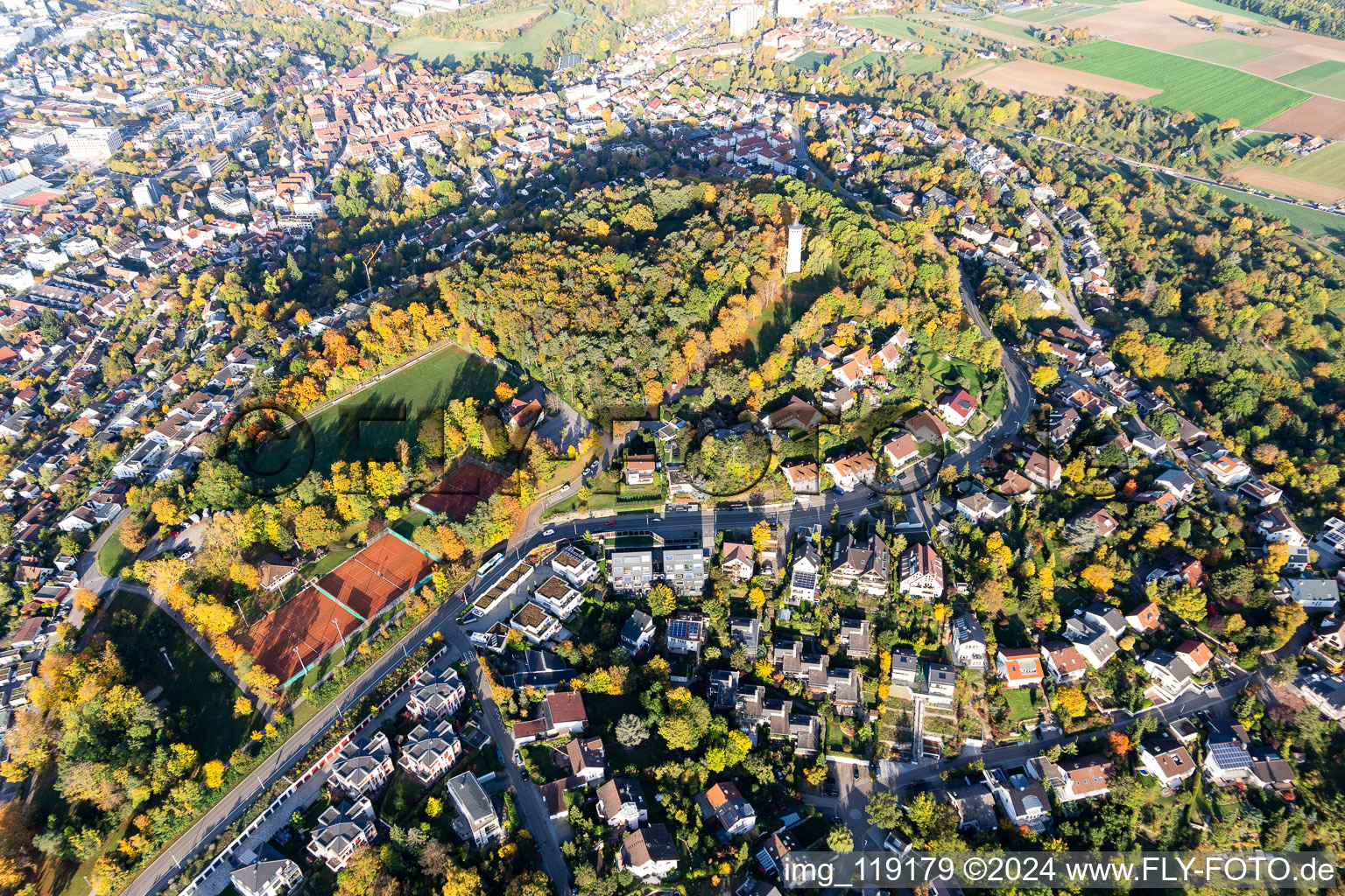 Aerial photograpy of Ensemble of sports grounds on the Engelberg meadows with Tenniscourt of SV Leonberg / Eltingen in Leonberg in the state Baden-Wurttemberg, Germany