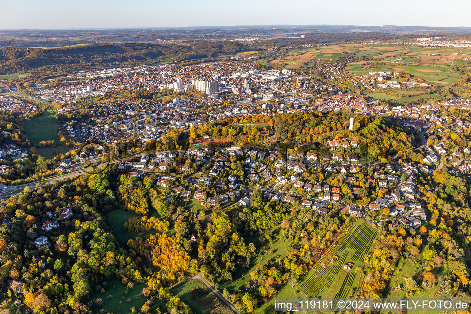 Aerial view of Luxury villa in residential area of single-family settlement of Stuttgarter street below the Engelberg in the district Eltingen in Leonberg in the state Baden-Wurttemberg, Germany