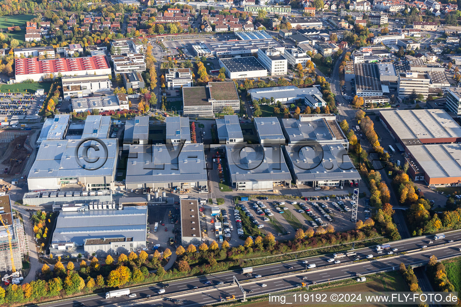 Aerial view of Company grounds and facilities of Trumpf- Laser and Systemtechnik in the district Gerlingen-Schillerhoehe in Ditzingen in the state Baden-Wurttemberg, Germany