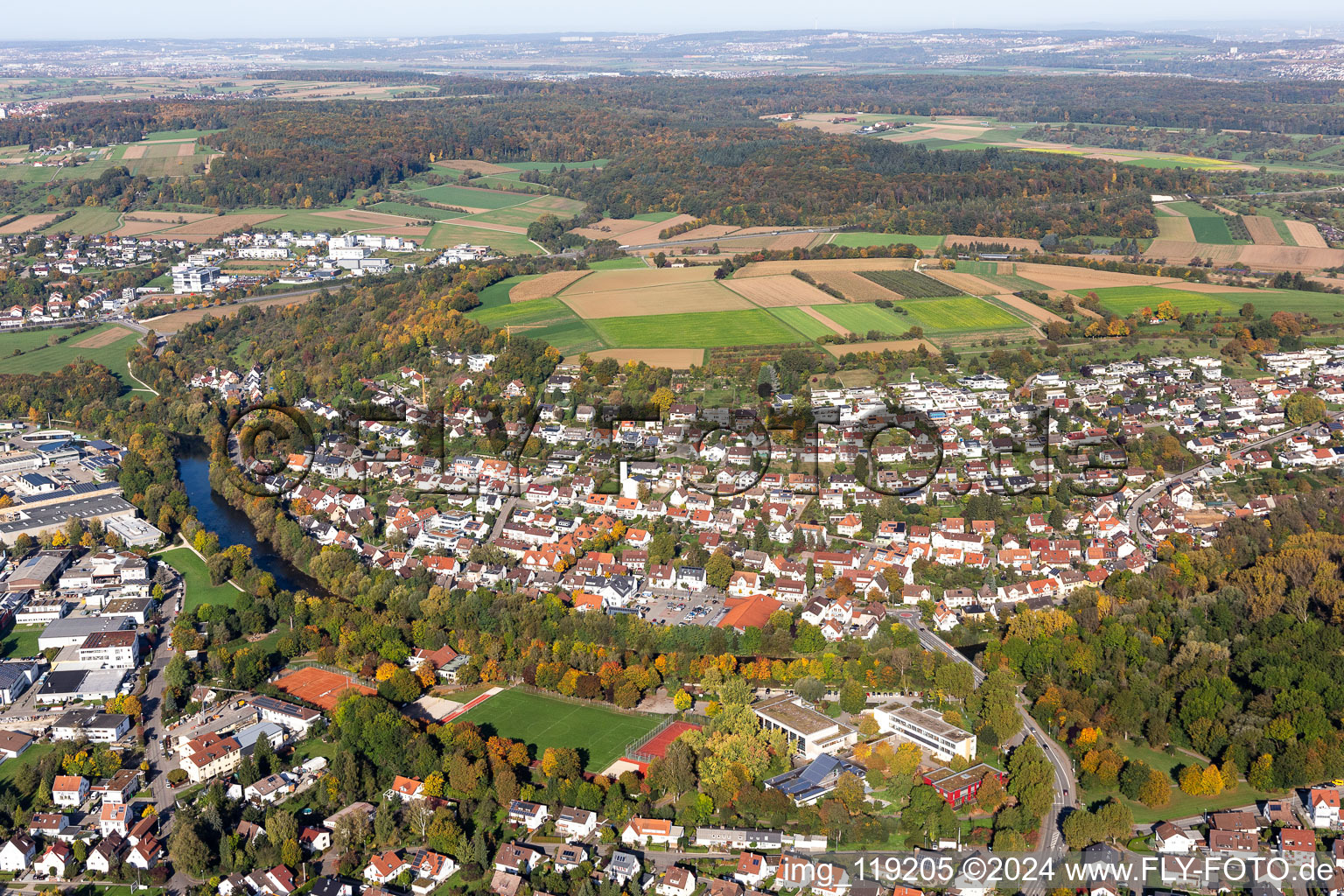 Town on the banks of the river of the river Neckar in Zizishausen in the state Baden-Wurttemberg, Germany