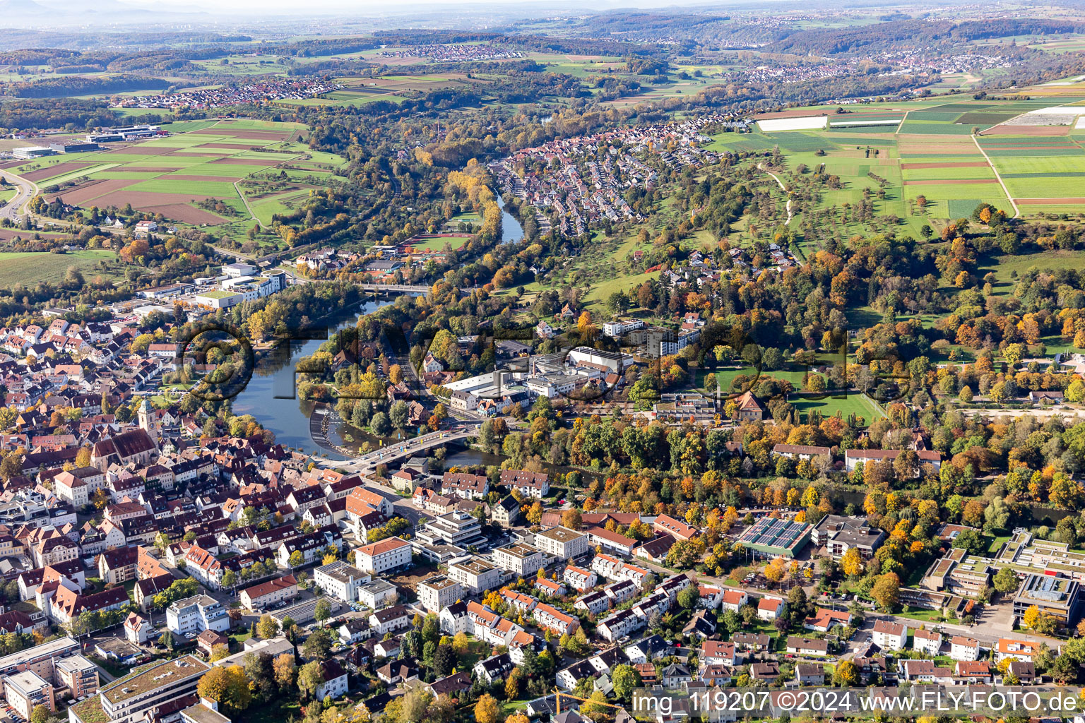 Village on the banks of the area Neckar - river course in Nuertingen in the state Baden-Wurttemberg, Germany