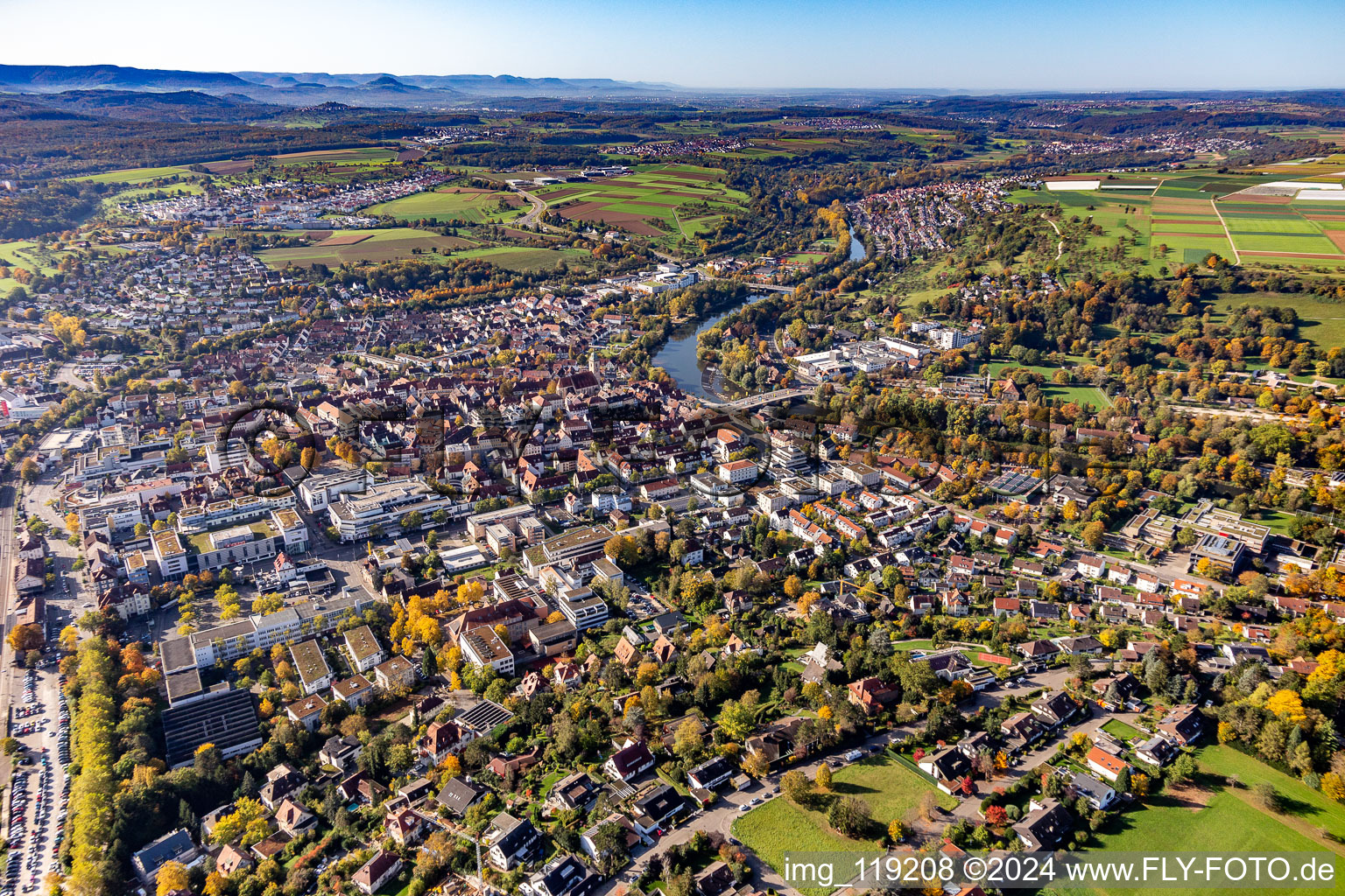 Aerial view of Village on the banks of the area Neckar - river course in Nuertingen in the state Baden-Wurttemberg, Germany