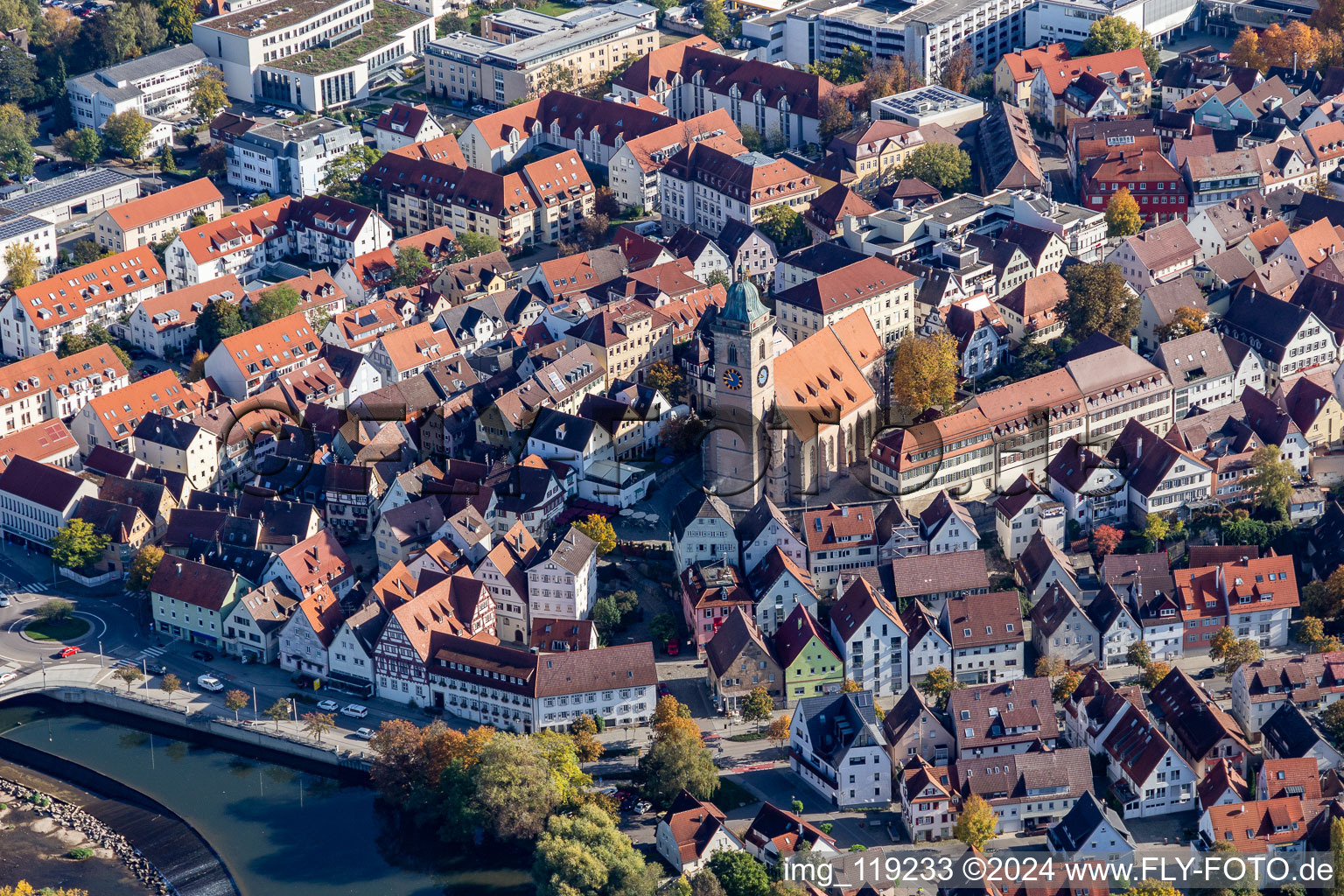 Old Town area and city center in Nuertingen in the state Baden-Wurttemberg, Germany