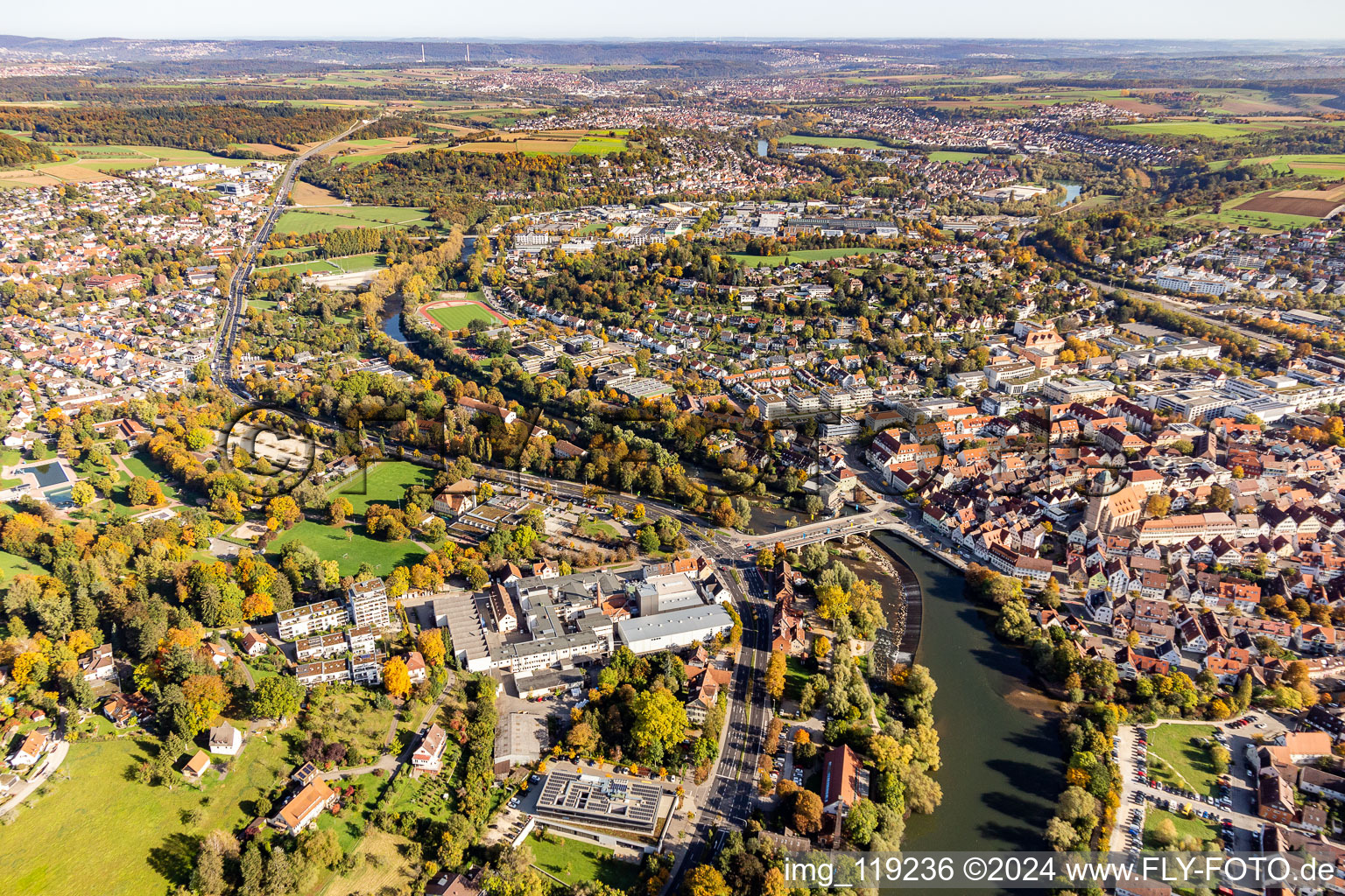 Aerial photograpy of Village on the banks of the area Neckar - river course in Nuertingen in the state Baden-Wurttemberg, Germany