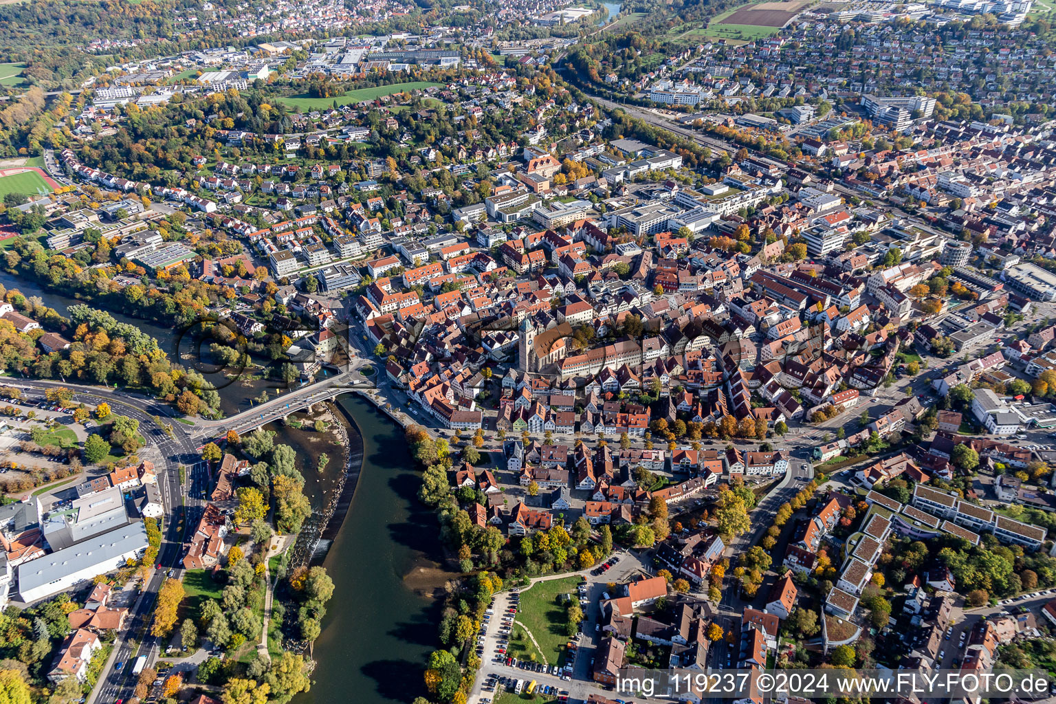 Oblique view of Village on the banks of the area Neckar - river course in Nuertingen in the state Baden-Wurttemberg, Germany