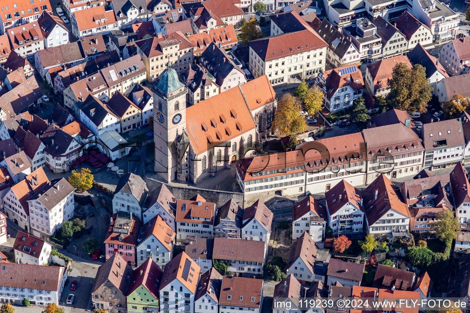 Church building in of Stadtkirche St. Laurentius Old Town- center of downtown in Nuertingen in the state Baden-Wurttemberg, Germany