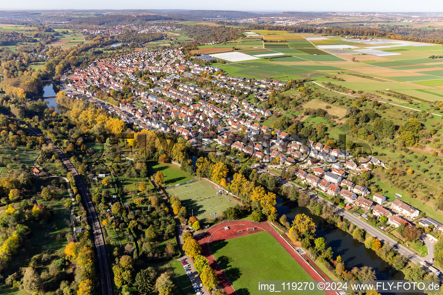 Aerial view of District of Neckarhausen in Nürtingen in the state Baden-Wuerttemberg, Germany