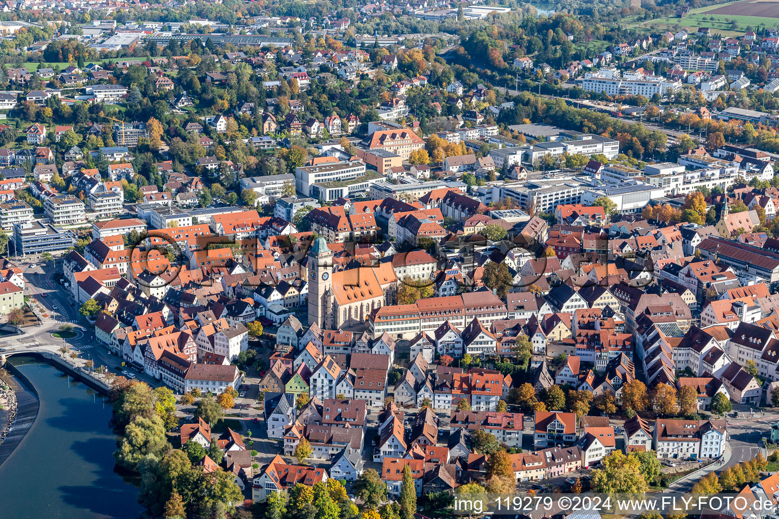 Village on the banks of the area Neckar - river course in Nuertingen in the state Baden-Wurttemberg, Germany from above