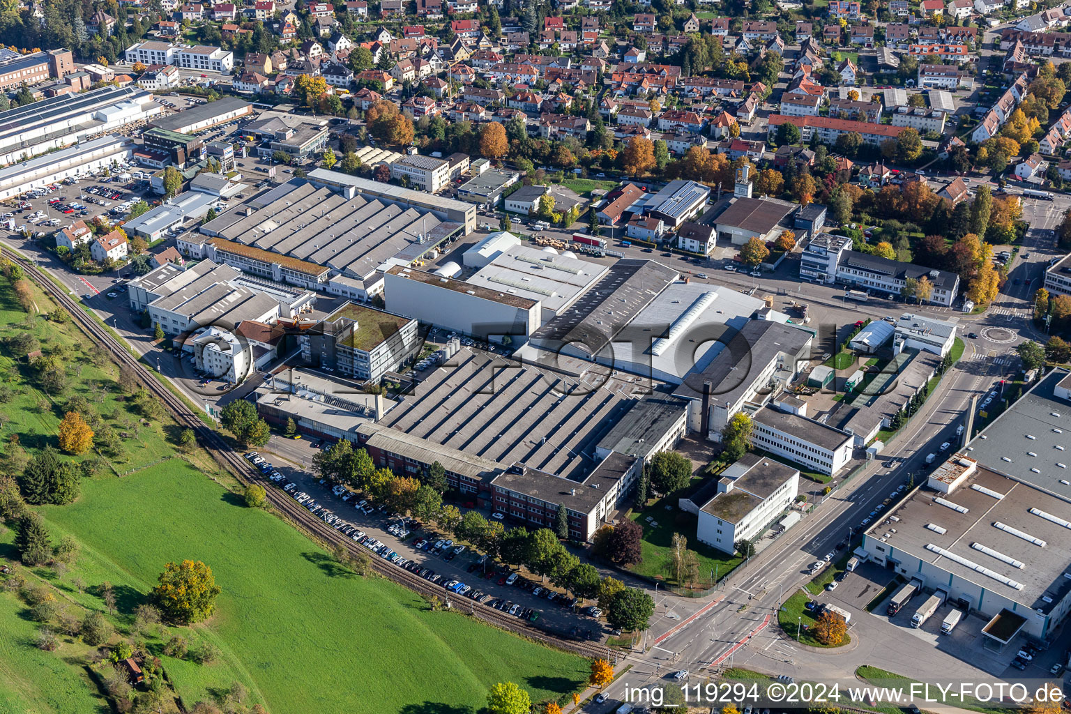 Aerial view of Metabo Works in Nürtingen in the state Baden-Wuerttemberg, Germany