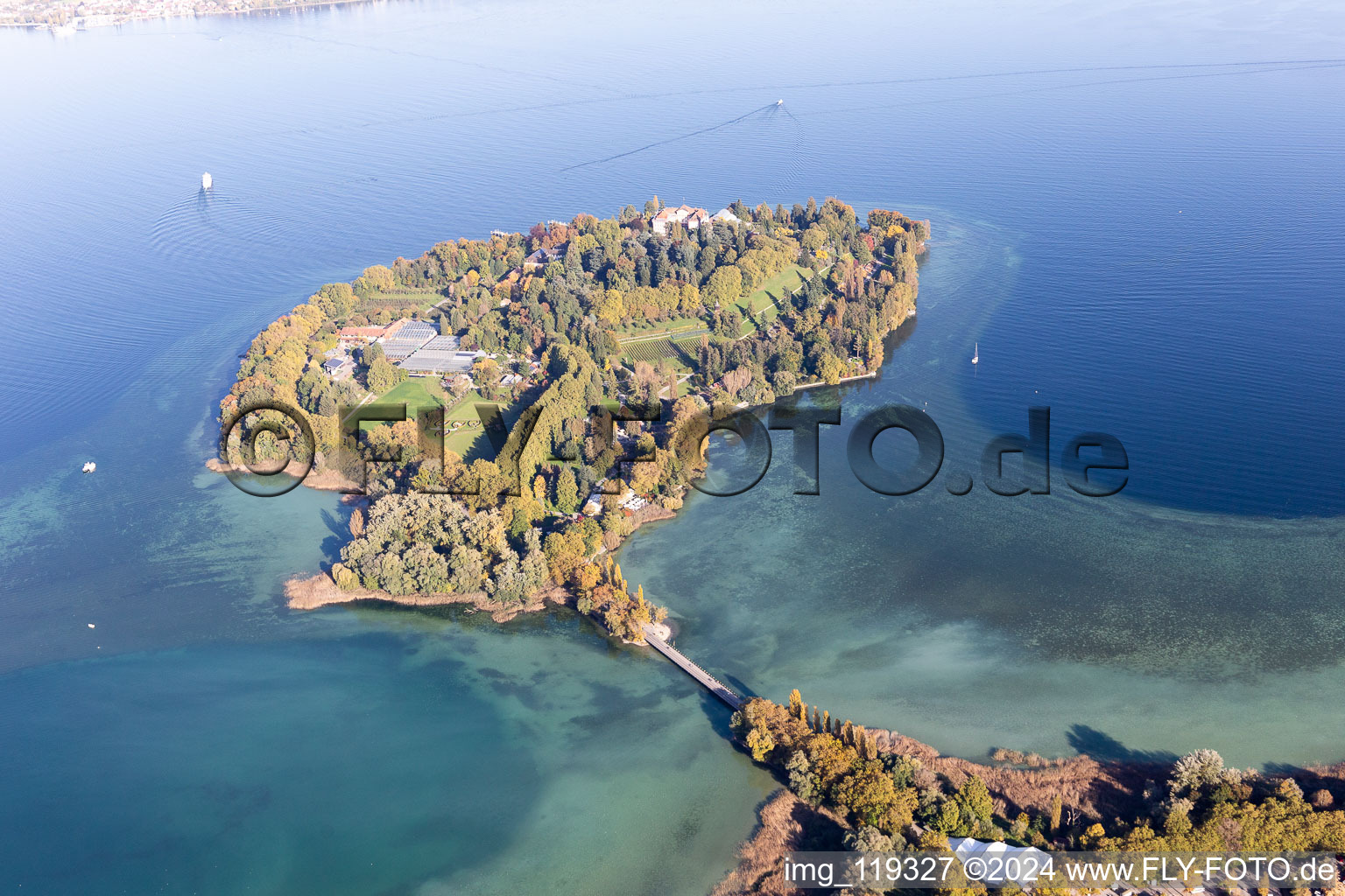 Aerial view of Island area Mainau with the village center in Konstanz in the state Baden-Wurttemberg, Germany