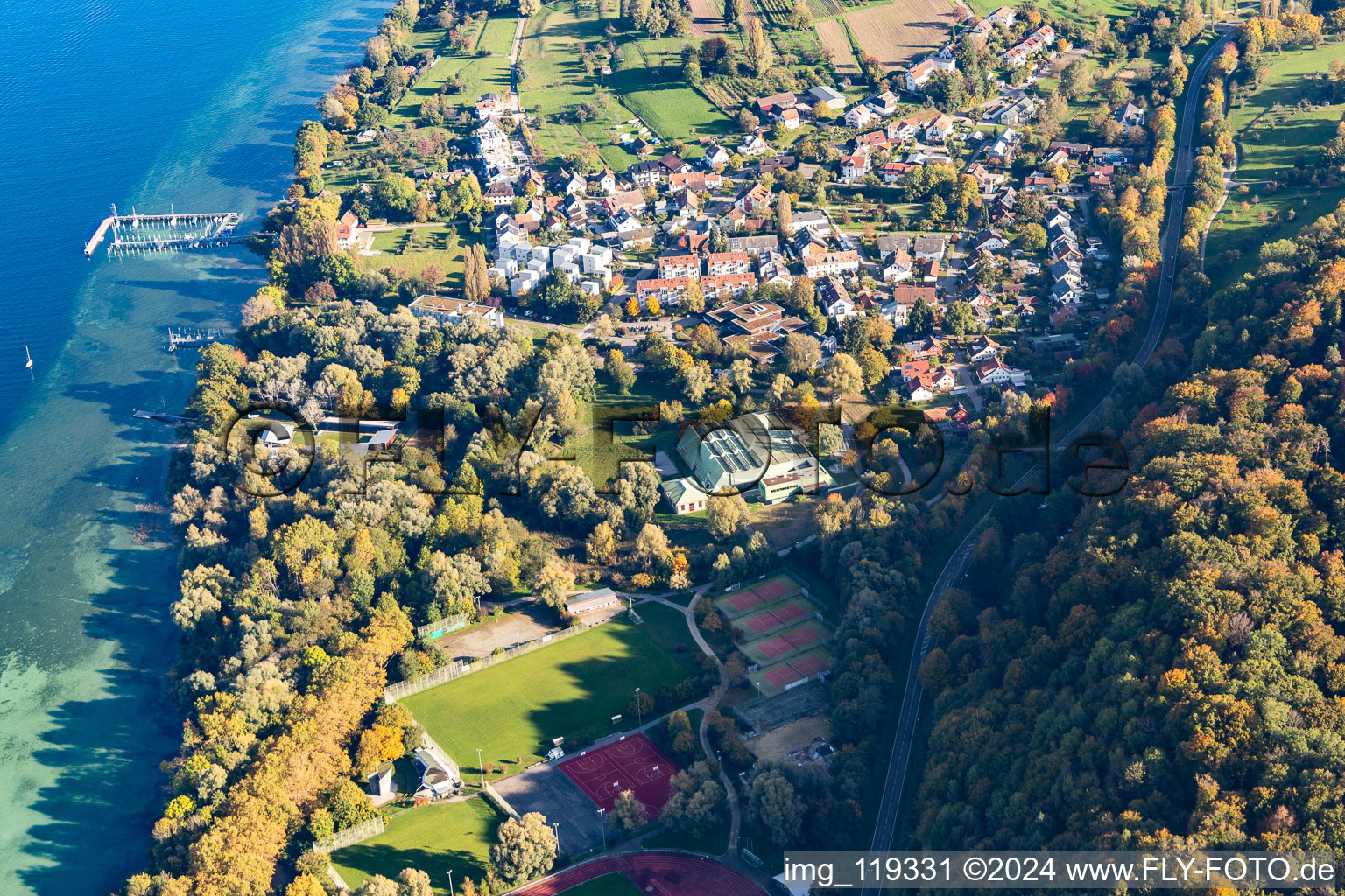 Aerial view of University sports hall in the district Egg in Konstanz in the state Baden-Wuerttemberg, Germany