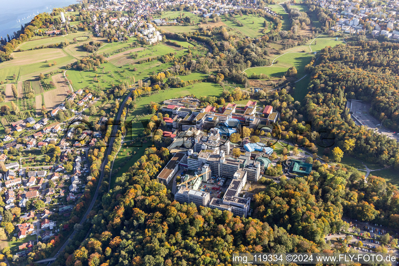 Aerial view of Campus building of the university " Universitaet Konstanz " in the district Egg in Konstanz in the state Baden-Wurttemberg, Germany