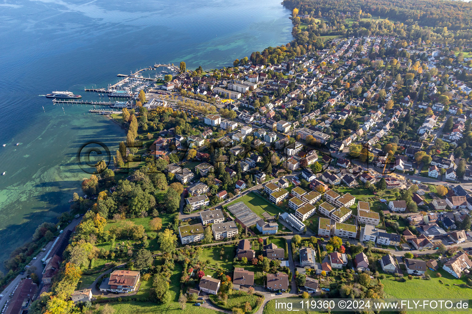 Aerial view of Ferry terminal Konstanz-Meersburg in the district Staad in Konstanz in the state Baden-Wurttemberg, Germany